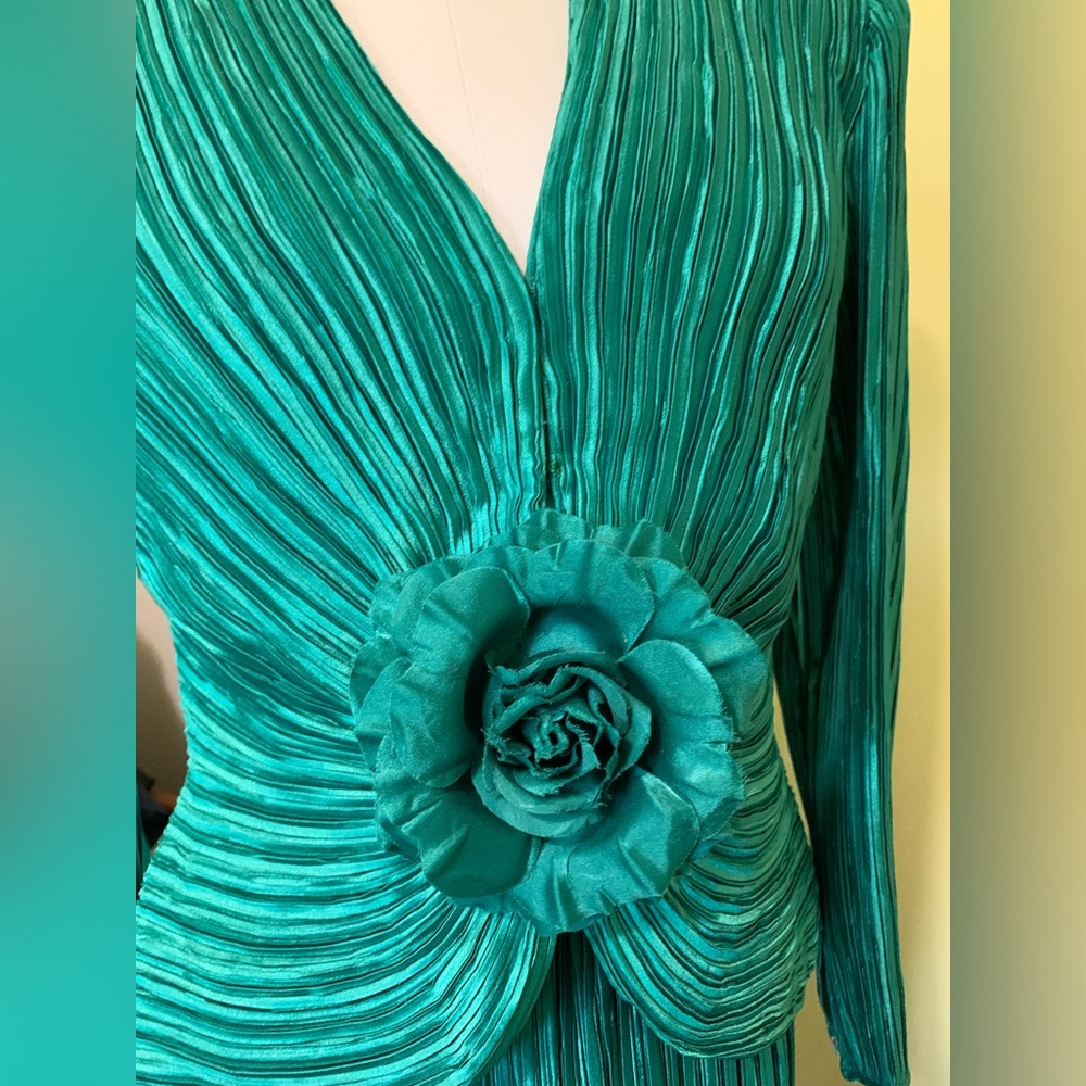 VTG GLAM George F. Couture Emerald Green 2PC Evening Suit Set Floral Detail - Picture 4 of 13
